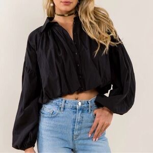 Black Cropped Button-Front Blouse